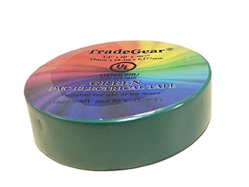 TradeGear Green 10 Pack - UL Listed Colored Electrical Tape, 60 ft x 3/4 in, 600V, Flame Retardant, Waterproof, Rubber Adhesive - Phase Marking, Wire ID, Automotive