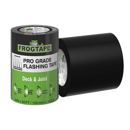 FrogTape Pro Grade Deck and Joist Flashing Tape - 6 Inch Width (6 in. x 50 ft) - All Weather & UV Resistant Linerless Tape for Decking, Wood, Beams with Advanced Acrylic Adhesive - 13 mils - Black