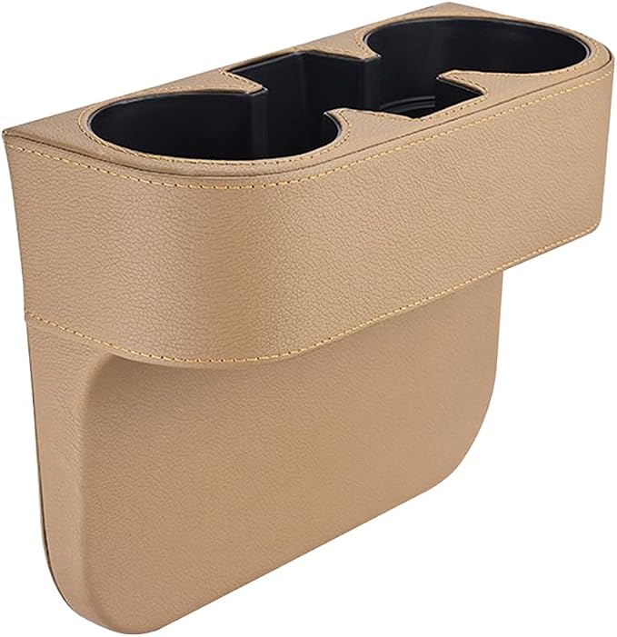 Car Gap Filler Organizer, Multifunctional Leather Console Side Crevice Blocker Storage Box with Cup Holder, Auto Seat Gap Stopper Organizer for Keys, Phones, Glasses, Universal Fit (Beige)