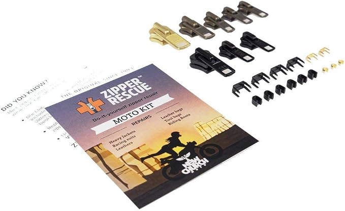 Zipper Rescue Moto Zipper Repair Kit - The Original Zipper Pull Replacement kit for Heavy Jackets, Boots, Leather Bags - 8 Metal Sliders, 8 End Stops, 6 Top Stops - Made in America Since 1993