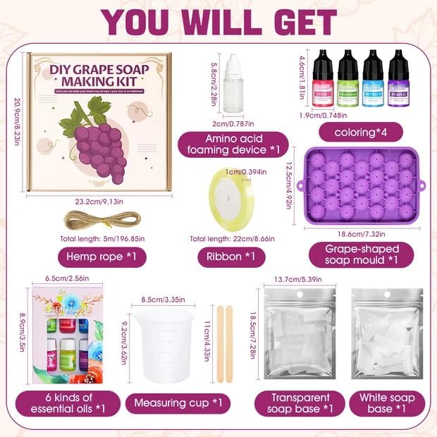 Soap Making Kit for Adults, Grape Soap Complete, Melt and Pour Soap Making Supplies, Contains Mould Soapbase Essential Oils Fragrances and Dried Flowers for Beginners and Mother's Day