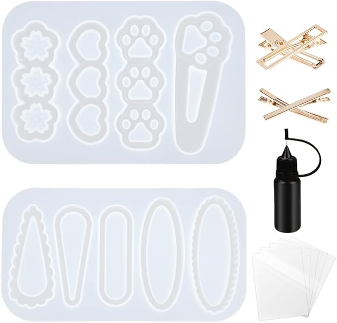 Hair Clips Resin Shaker Molds Set Barrette Pack of 12 Epoxy Silicone Trays Precision Tip Applicator Bottle Kit Bundle