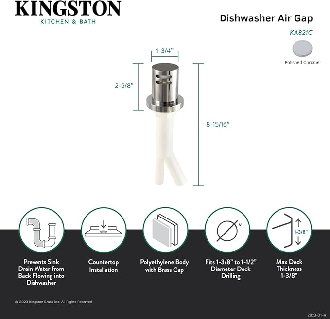 Kingston Brass KA821C Trimscape Dishwasher Air Gap, Polished Chrome