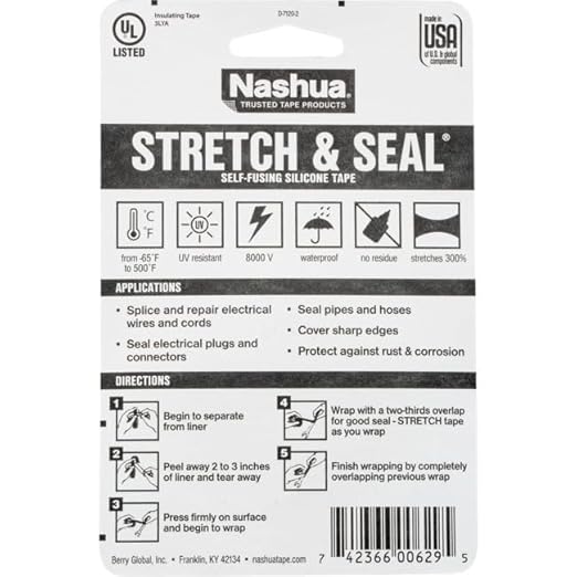 Nashua Self-Fusing Rubber Stretch and Seal Tape, 20 mil Thick, 10' Length, 1" Width, Black (Pack of 6)