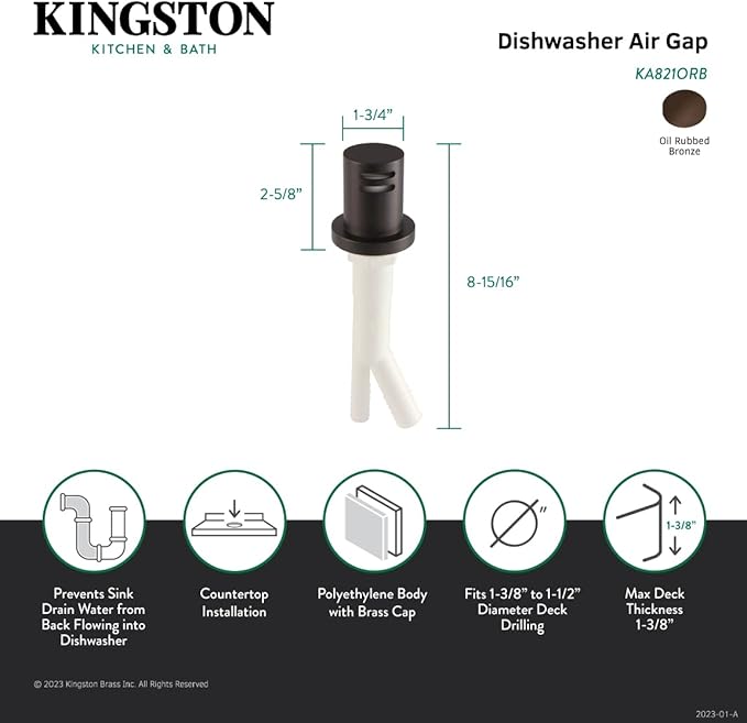 Kingston Brass KA821ORB Trimscape Dishwasher Air Gap, Oil Rubbed Bronze