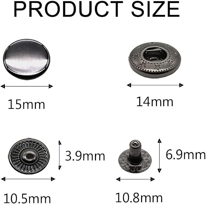BetterJonny 24 Sets Heavy Duty Leather Snap Fasteners Kit, 15mm Metal Snap Buttons Press Studs Leather Rivets Snaps with 4 Setter Tools for Clothes Bracelet Jackets Jeans Gun Black