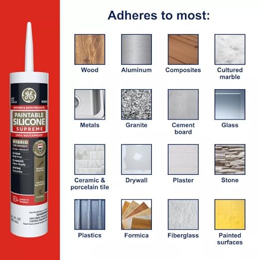 GE Supreme Paintable Silicone Caulk for Kitchen & Bathroom, White, 9.5 fl oz Cartridge, 12 Pack - 100% Waterproof Silicone Sealant, 7X Stronger Adhesion, Shrink & Crack Proof
