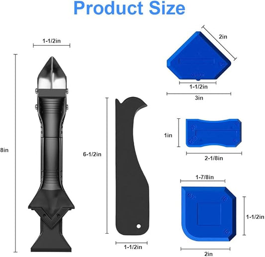 Multifunction Caulking Tool Kit - 9-in-1 Glue Remover Knife, Silicone Scraper with 5 Replaceable Pads for Corner, Angle, Crevice, Grout & Beauty Spatula Sealant Finishing Tool