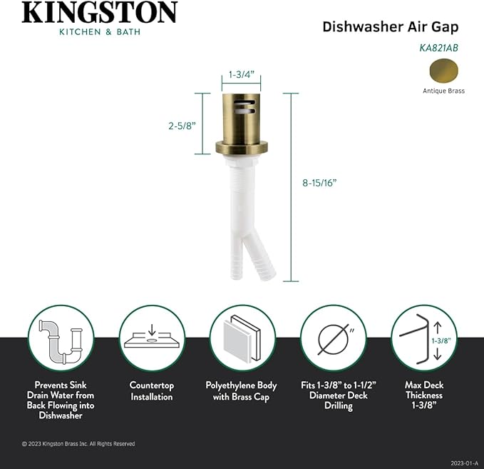 Kingston Brass KA821AB Trimscape Dishwasher Air Gap, Antique Brass