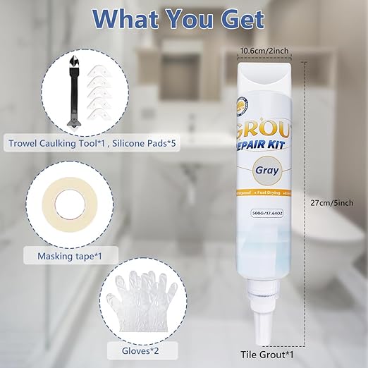 Tile Grout Repair Kit - Grout Filler, Grout Repair Paste with Silicone Trowel Scraper, Fast Drying Grout Repair Kit for Bathroom Shower Kitchen Floor Tile, Waterproof (17.64 oz, Gray)