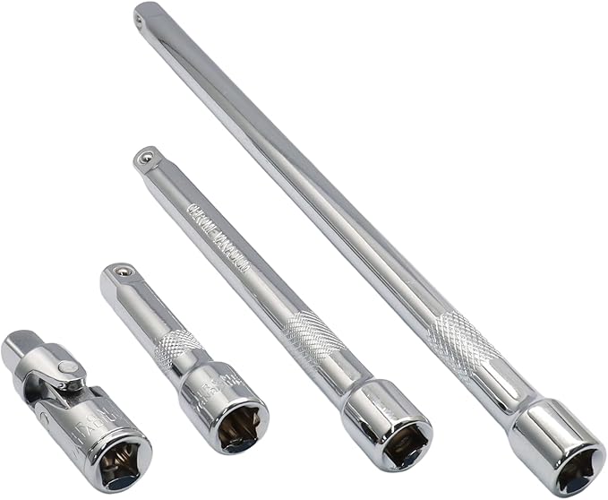4 Pcs 3/8 Inch Socket Extension Set, CR-V Ratchet Extension Set Include 3, 6, 10 Inch Bars and 3/8" Universal Joint Socket for Ratchets and Torque Wrenches, Ideal for Repair, DIY