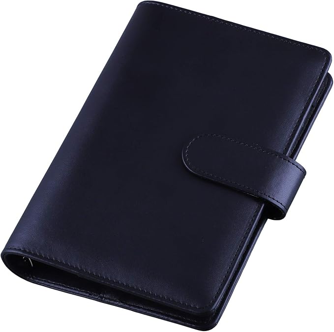 Antner A6 PU Leather Notebook Binder Refillable 6 Ring Budget Binder for A6 Filler Paper, Loose Leaf Personal Planner Binder Cover with Magnetic Buckle Closure, Black