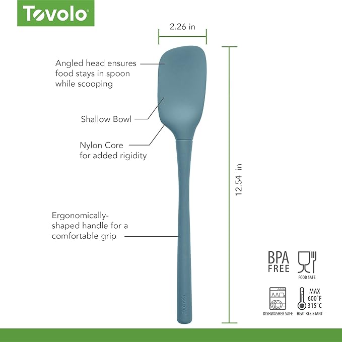 Tovolo Spoon Spatula Spoonula All Silicone Ergonomic Handle Grip, Silicone Scoopula Kitchen Utensil Non Scratch Easy Clean Dishwasher Safe Heat Resistant Flex Core Scoop Spatula, Blue Slate