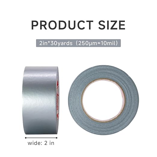 Heavy-Duty Duct Tape 2 Inch x 30 Yards (2-Pack), 10 Mil Thick, Waterproof, Strong Adhesive for Repair, No Residue, All Weather, Rubberized Fabric Tape for Indoor & Outdoor Use(Total 60YD)