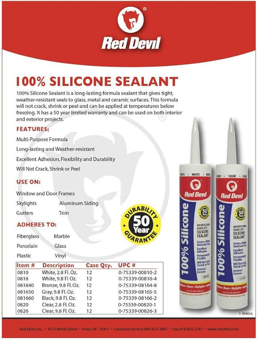 Red Devil 0826 100% Silicone Sealant Architectural Grade, 9.8 oz., Clear, 12 Pack