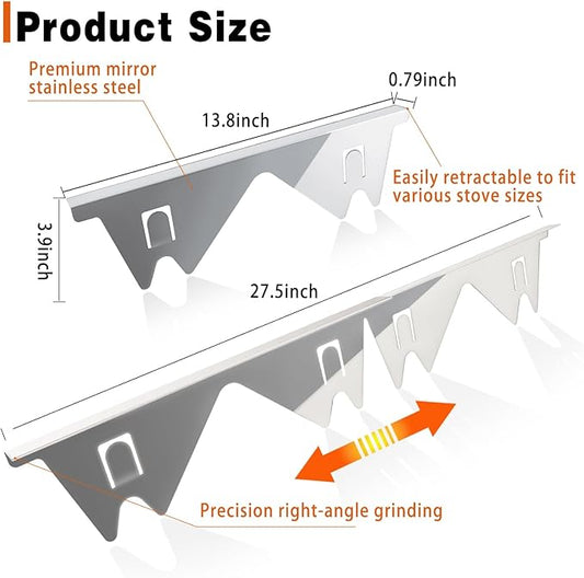 Stove Gap Covers Stainless Steel, 2 Pack Stove Gap Filler Easy Retractable Length 13.8" to 27.5", Width 0.79" ALMCALS Range Trim Kit, Heat Resistant Guard Between Stove Top & Counter