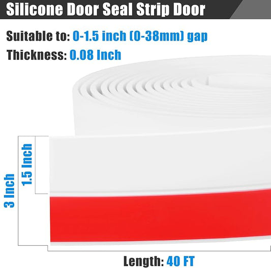 Draft Seal Tape for Doors and Windows 3 in x 40 Ft Silicone Weather Stripping Extra Thick 2mm Door Seal Strip with Strong Adhesive Draft Insulation Stopper Side Seal - White