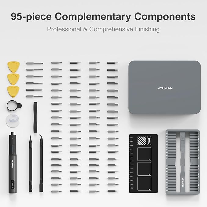 ATuMan 95 in 1 Precision Electric Screwdriver Set with 86 Magnetic Bits, 0.4N.m Torque, Visual Screen, 3-Gear Control & Magnetic Mat, Repair Tool Kit for iPhone, Laptop, Watch, Glasses