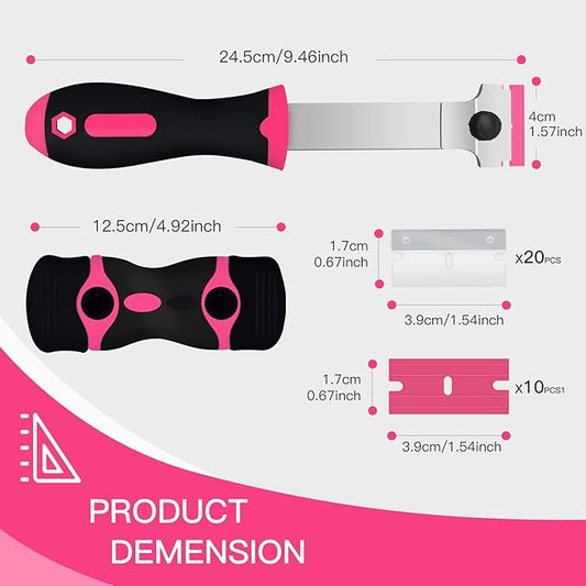 DEKEones Razor Blade Scraper, 2 PCS Razor Scraper Tool for Removing Label, Registration Sticker, Tint, Grease from Windshield, Appliance, Glass(Pink)
