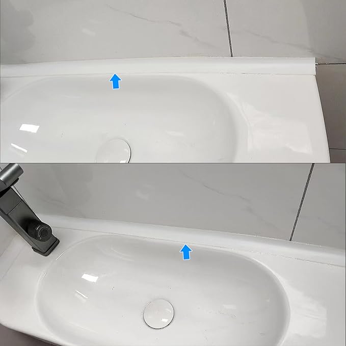 Water Barrier for Sink,Shower Threshold Water Dam Barrier,Waterproof Barrier Bathroom,Collapsible Silicone Strip Trim Splash Guard (White-1M)