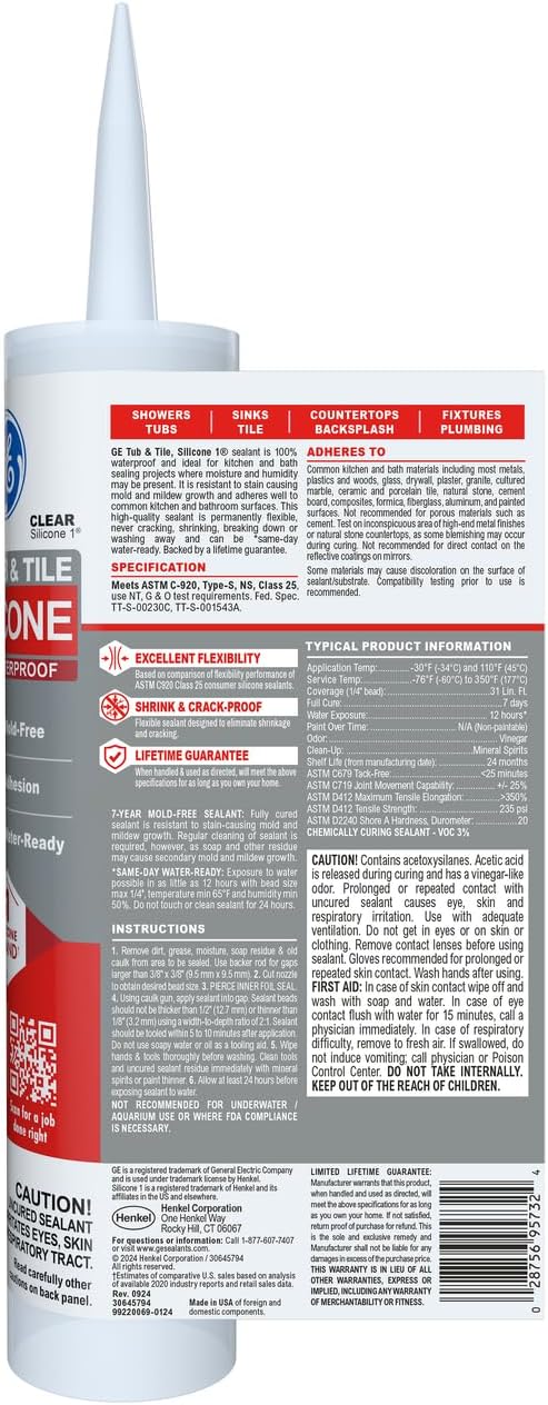 GE Silicone Caulk for Tub & Tile Kitchen & Bath, Clear, 10 fl oz Cartridge, 1 Pack - 100% Waterproof Silicone Sealant, Excellent Flexibility, Shrink & Crack Proof