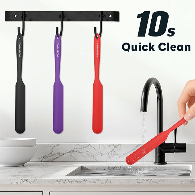 3pcs Silicone Jar Spatulas 10in Long Skinny Heat-Resistant, Narrow Spatula Set for Scraping Peanut Butter, Sourdough, Jam in Small Containers, Blenders & Baking (Black & Purple & Red)