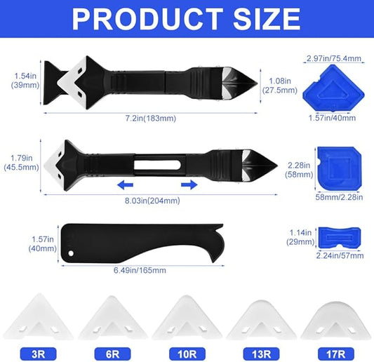 10Pcs Silicone Caulking Tool, 3 in 1 Caulk Remover Tool with Replaceable Pads Glass Glue Angle Scraper, Grout Removal Tools for Kitchen Bathroom Tile Window Sink Joints