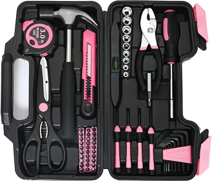 144-Piece Pink Tool Kit Basic Home Repair Tool Set General Household Hand Tool Kit Small Tool Kit with Plastic Toolbox basic home tool kit for Women, Office & College Repairs