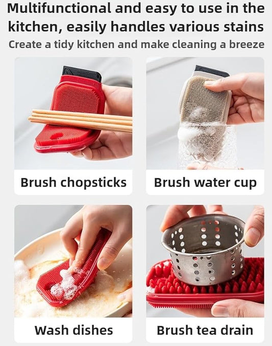 3-in-1 Silicone Dish Sponge-Food-Grade BPA-Free Cleaning Brush with Dual-Sided Comb&Scraper,Hanging Hole for Easy Storage,Fast-Dry Reusable Kitchen Gadget for Dishes/Fruits/Vegetables (Red+Grey)
