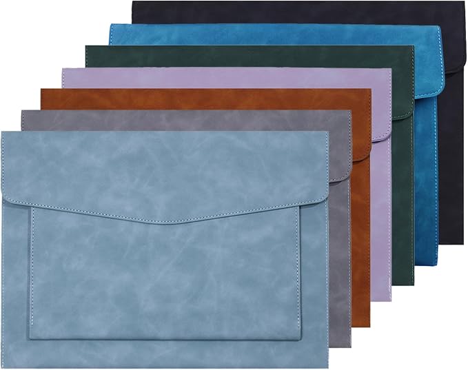 PU Leather A4 File Folder Document Holder with 2 Compartments Envelope Folder Case with Snap Closure for Receipt Contract (Blue)