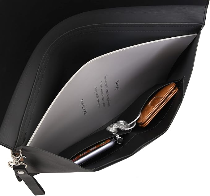 Wonderpool Envelope Case A4 PU Leather File Jacket Pocket Folder Document Case Bag with Removable Hand Strap and 4 Pocket for Documents Tablet Phone Stationery (Black)
