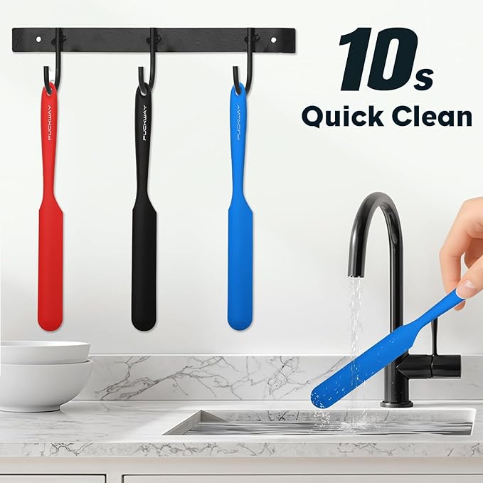 3pcs Silicone Jar Spatulas 10in Long Skinny Heat-Resistant, Narrow Spatula Set for Scraping Peanut Butter, Sourdough, Jam in Small Containers, Blenders & Baking (Black & Red & Blue)