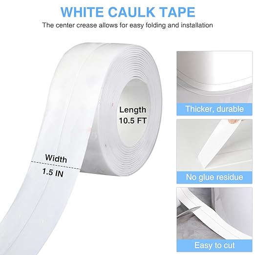 Caulk Tape Bath & Kitchen Self Adhesive Caulking Tape Waterproof, Toilet Caulk Strip Bathtub Sealing Strip Shower Bathroom Tape Sealant, Traditional Caulking Replacement (White, 1.5" x10.5Ft)