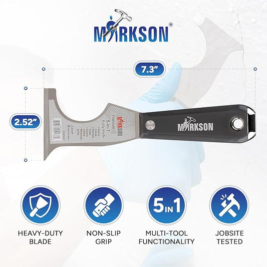 MARKSON Putty Knife 5 in 1 with Nylon Hammer End Handle, Spackle Knife, Caulk Removal Tool, Paint Can Opener, Paint Remover from Wood, Wallpaper Scraper