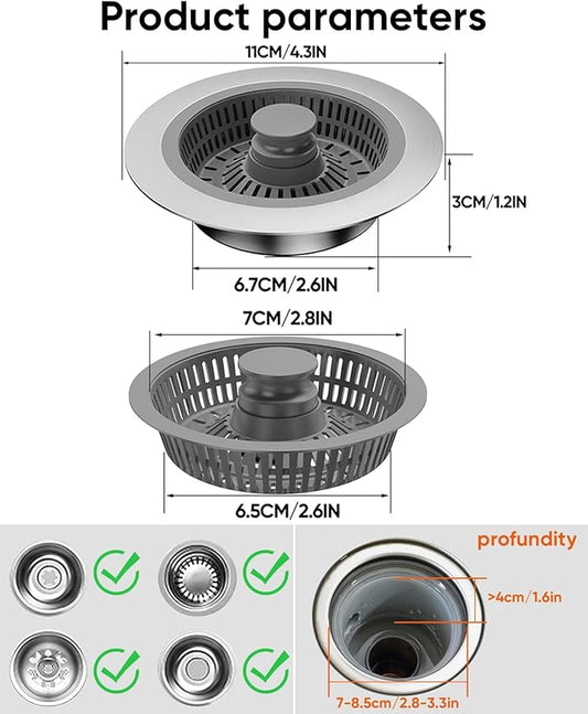 2 Pcs Kitchen Sink Drain Strainer and Stopper Combo, 3 in 1 Stainless Steel Pop-Up Sink Stopper & Drain Strainer for Standard Drains, Ideal Sink Protectors for Kitchen Sink