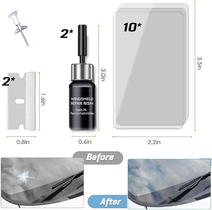 Windshield Repair Kit, 2 Pcs Car Glass Repair Kit Quick Fix for Chips & Cracks, Windshield Crack Repair Kit,Cracks Gone Glass Kit, Automotive Windscreen Tool, Nano Fluid Filler