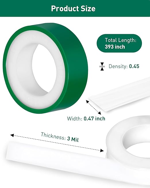 4 Roll Plumbers Tape, -374 to 536 Degree F Temperature Range, Teflon Plumbing Tape, High Density 0.45g/cm, Used for Water Pipes, faucets, valves, L 390 in x W 0.47 in³.Green