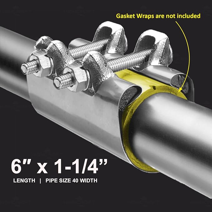HIGHCRAFT 60125TTSD-5, Single Pipe Repair Clamp 1-1/4'', Double Bolt, 6” Long, Stainless Steel (5 Pack), Chrome