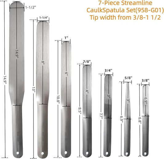 958-G01 Caulking Spatula Tool Set 7-Piece Stainless Steel Caulk Tool Kit, 3/8" to 1-1/2" Multiple Spatula Widths,for Bathtub/Tile/Countertop Caulk Trimming