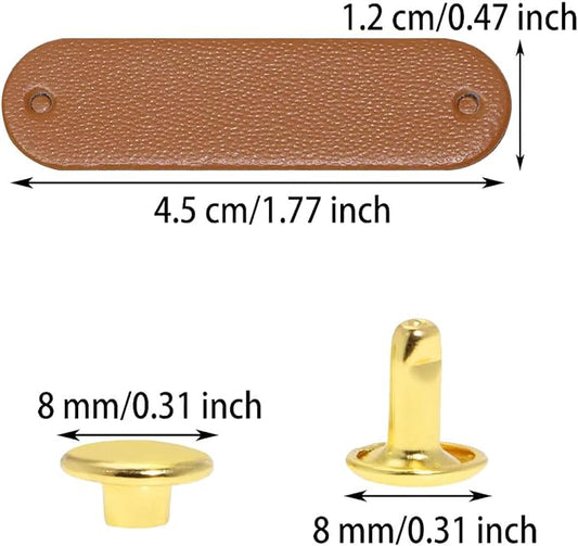 Small Brown PU Leather Handmade Tag with 8mm Rivet Button for Knits,Universal Blank Label Cute Repair Patch Soft Crochet Tape with Holes for DIY Clothing,Sewing Stamping,Keychain,Crafts Decor (15)