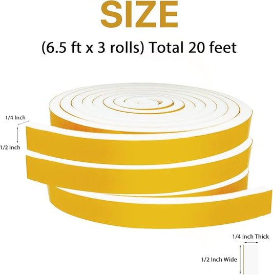 Weather Stripping Door Seal-3 Rolls,1/2 Inch Wide X 1/4 Inch Thick Total 20 Feet Long, Adhesive Soundproof Foam weatherstrip for Window Insulation(6.5ft x 3 Rolls)