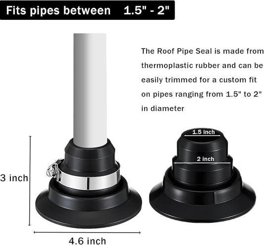 2-Pack Roof Vent Pipe Repair Boot Kit, 1.5"-2" Universal Fit, No Re-Roofing Needed, with SS Clamps & Waterproof Seal for Flat/Pitched Roofs - Easy DIY Fix for Cracked Flashing