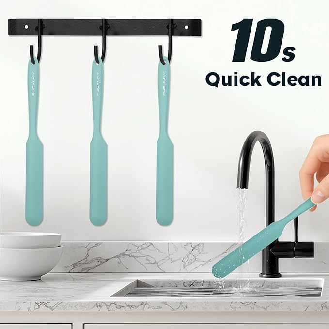 3pcs Silicone Jar Spatulas 10in Long Skinny Heat-Resistant, Narrow Spatula Set for Scraping Peanut Butter, Sourdough, Jam in Small Containers, Blenders & Baking (Green)