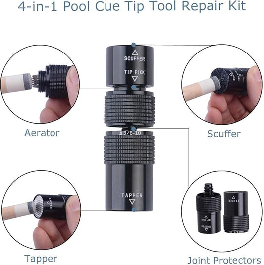 Aluminum 4-in-1 Billiard Pool Cue Tip Accessory Tool Repair Kit (Scuffer, Aerator, Tapper, Joint Protector)