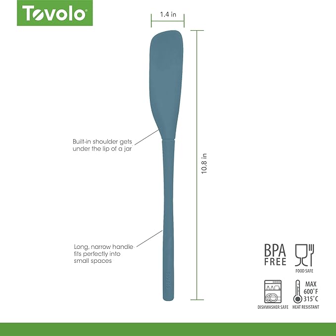 Tovolo Silicone Jar Spatula Long Handled Rubber Scraping Scooping Tool for Peanut Butter Jam Jelly Jars Blenders, Extra Long Flex Core Silicone Jar Scraper Dishwasher Safe BPA Free, Blue Slate