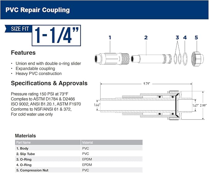 Midline Valve 567SD114 Heavy Duty PVC Repair Coupling; Expandable Pipe Fitting; 1-1/4 in.; White Plastic