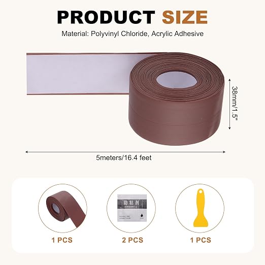 uxcell Caulk Tape Waterproof, 1.5 Inch x 16.4 ft Self-Adhesive Sealant Sealing Strip Caulking Sealant Tape PVC with Tool for Kitchen Sink Toilet Bathroom Bathtub Floor, Brown
