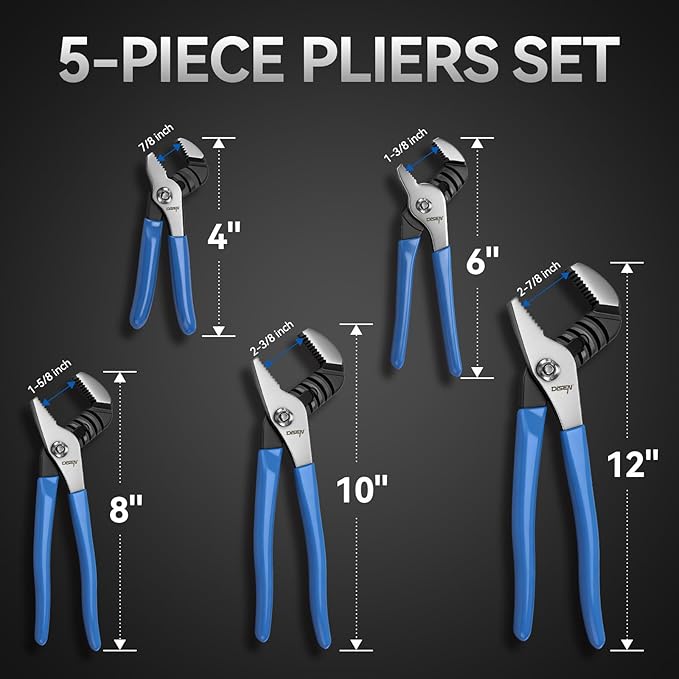 DISEN Channel Locks Pliers 5-Piece, Slip Joint Pliers Set with Dipped Handles, Adjustable Water Pump Pliers 4‘’ 6‘’ 8‘’ 10‘’ 12‘’, Tongue and Groove for Home Repair, Gripping, Nuts, Bolts, Pipe