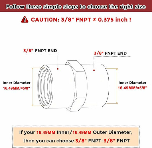 Packs of 2, 3/8" NPT FeMale to 3/8" NPT FeMale Solid Brass Pipe Fitting Coupler W/Sealing Tape, Brass Coupling Hose Fittings Adapter for Pipe Leak Repair, Tool Extensions