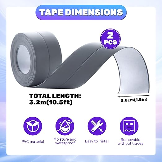 LELE LIFE 2 Rolls Caulk Tape Waterproof Self Adhesive, Toilet Caulk Strip Sealant Tape Sealing Strip for Bathroom, Kitchen, Shower, Bathtub Caulking Tape, 1.5" x 10.5Ft, Grey